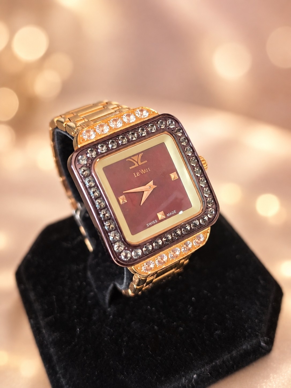 LeVian Stainless Gold-Tone Watch with Chocolate Dial and Crystal Accents
